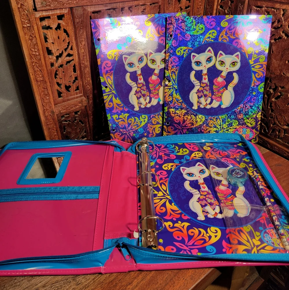 Vintage Y2K Lisa Frank Siamese Cats Roxi & Rollie Zipper 3 Ring Binder, Folders